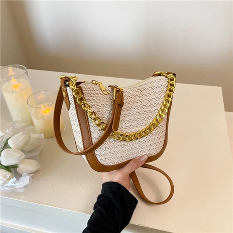 Damen Gewebte Umhängetasche PU Leder Patchwork Halbmondform Mit Grober Goldkette Lässige Mode Schultertasche