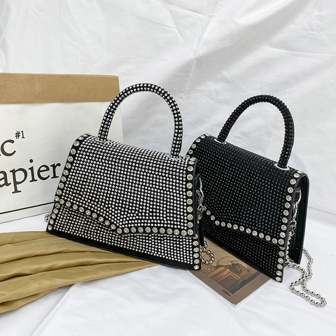 Rhinestone Handbag Sparkling PU Leather Shoulder Bag Detachable Chain Strap Evening Party Social Chic Women Tote