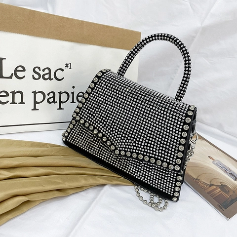 Rhinestone Handbag Sparkling PU Leather Shoulder Bag Detachable Chain Strap Evening Party Social Chic Women Tote