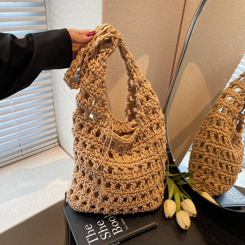 Handgemachte Häkeln Holle Umhängetasche Stroh Strick Netz Tote Mit Kordelzug Futter Für Damen Sommerurlaub Strand