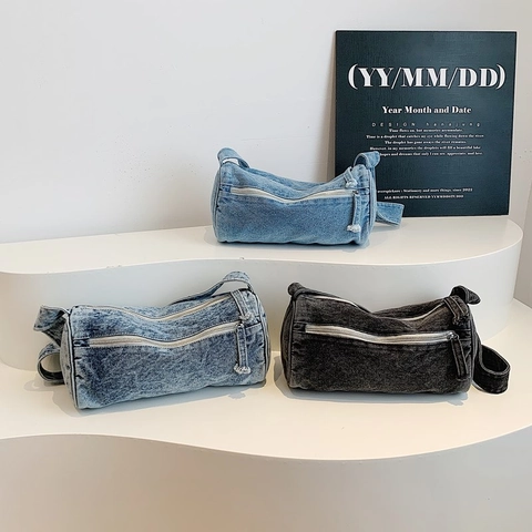 Sac À Épaule Tonneau En Denim Délavé Rétro Pour Femmes Sac À Main Cylindrique Zippé Style Y2K Décontracté