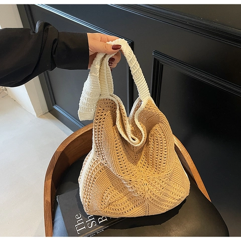 Bolso Tote De Ganchillo Hecho A Mano Punto Algodón Calado Color Contraste Gran Capacidad Bolso De Hombro Boho Casual Retro