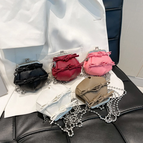 Mini Crossbody Tas Dames Strik Decor PU Leer Litchi Korrel Kiss-Lock Sluiting Metalen Kogelketting Schoudertas Retro