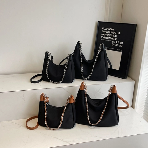 Bolso Bandolera De Mujer En Lona Y Cuero PU Color Contraste Gran Capacidad Bolso De Hombro Con Cadena Plateada Casual Diario