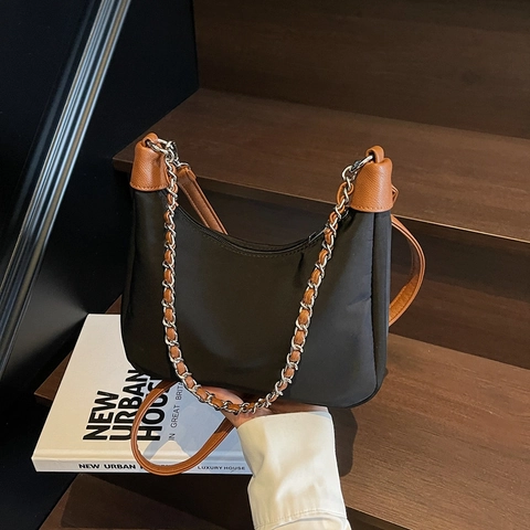 Bolso Bandolera De Mujer En Lona Y Cuero PU Color Contraste Gran Capacidad Bolso De Hombro Con Cadena Plateada Casual Diario