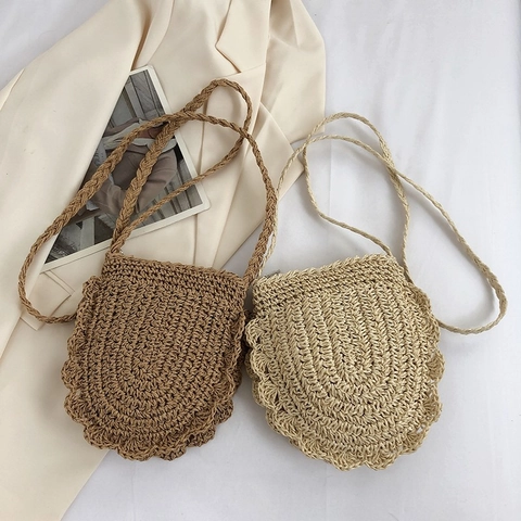 Sac Bandoulière En Paille Tissé À La Main Bord Festonné Fermeture Éclair Été Plage Vacances Style Boho