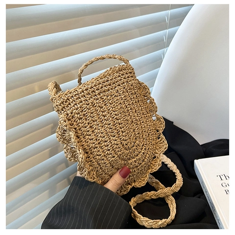 Sac Bandoulière En Paille Tissé À La Main Bord Festonné Fermeture Éclair Été Plage Vacances Style Boho