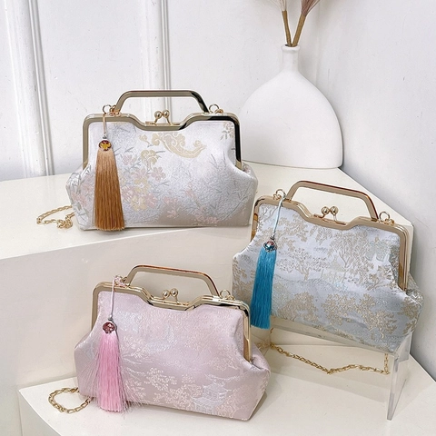 Sac À Main De Soirée Jacquard Style Chinois Vintage Avec Cadre Métallique Fermoir À Baiser Gland Et Chaîne Pour Femmes