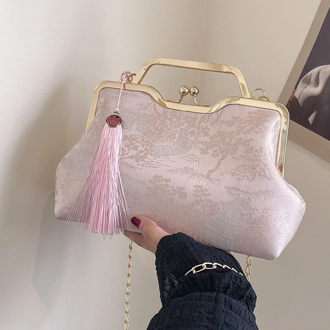 Sac À Main De Soirée Jacquard Style Chinois Vintage Avec Cadre Métallique Fermoir À Baiser Gland Et Chaîne Pour Femmes