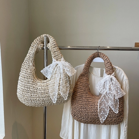 Woven Straw Hobo Bag Women Summer Vacation Handbag Large Capacity Lace Bow Decoration Solid Color Casual Fashion Bag