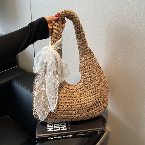 Woven Straw Hobo Bag Women Summer Vacation Handbag Large Capacity Lace Bow Decoration Solid Color Casual Fashion Bag