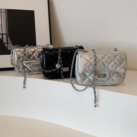 Women Quilted Rhombus Shoulder Bag Metallic PU Leather Chain Strap Crossbody Small Square Flip Cover Trendy Chic Purse