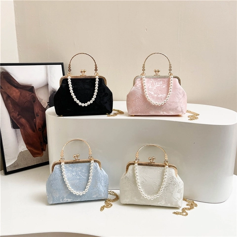Retro Jacquard Damen Handtasche Künstliche Perlengriff Kussverschluss Elegante Abendtasche Mit Abnehmbarem Metallkettenriemen