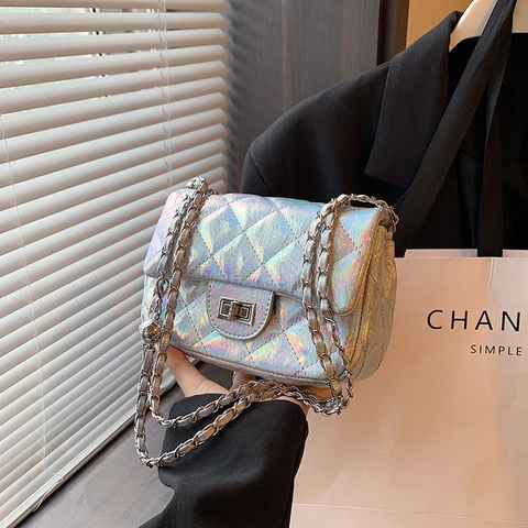 Women Quilted Rhombus Shoulder Bag Metallic PU Leather Chain Strap Crossbody Small Square Flip Cover Trendy Chic Purse