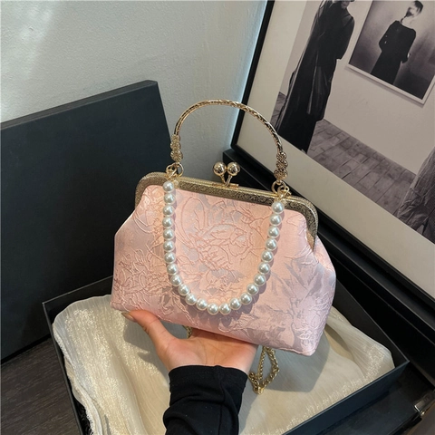 Retro Jacquard Damen Handtasche Künstliche Perlengriff Kussverschluss Elegante Abendtasche Mit Abnehmbarem Metallkettenriemen
