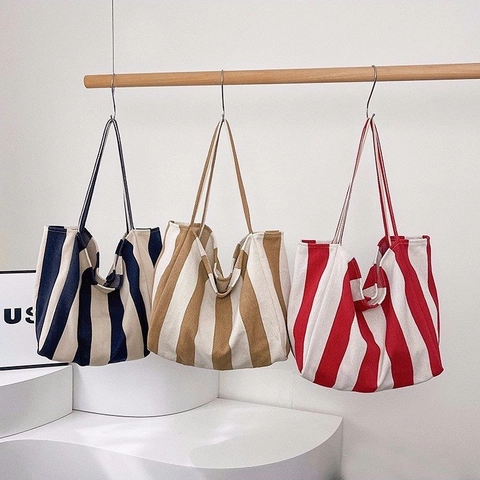 Striped Canvas Tote Bag Large Capacity Casual Bucket Shoulder Handbag For Women Daily Travel Shopping Commute
