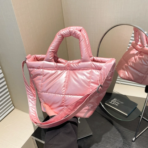 Korean Style Quilted Puffer Shoulder Bag Women Glossy Metallic Nylon Tote Handbag Adjustable Strap Casual Travel Bag