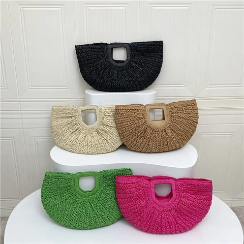 Vintage French Straw Woven Handbag Summer Beach Vacation Half Moon Bag Boho Hollow Out Handle Tote For Women