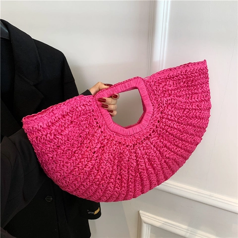 Vintage French Straw Woven Handbag Summer Beach Vacation Half Moon Bag Boho Hollow Out Handle Tote For Women