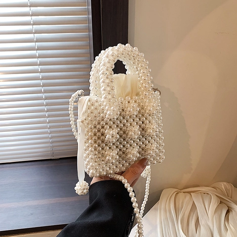 Handmade Artificial Pearl Beaded Mini Evening Bag Square Handbag With Drawstring Satin Lining Crossbody Shoulder Purse For Women