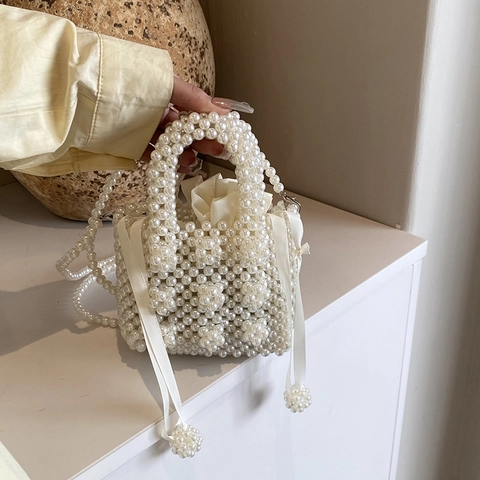 Handmade Artificial Pearl Beaded Mini Evening Bag Square Handbag With Drawstring Satin Lining Crossbody Shoulder Purse For Women