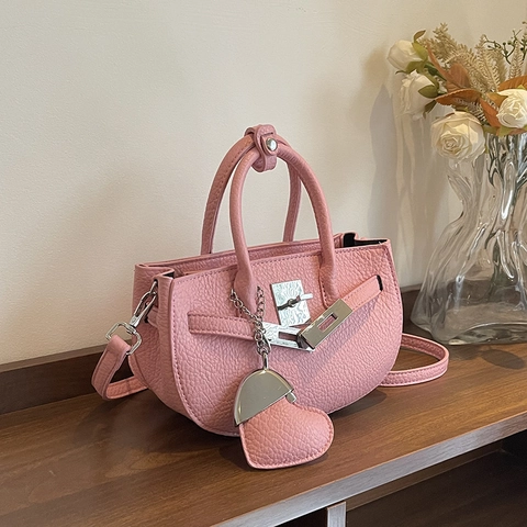 Women Lychee Grain PU Leather Crossbody Bag Top Handle Chic Silver Metal Lock Heart Charm Adjustable Strap Casual Sweet