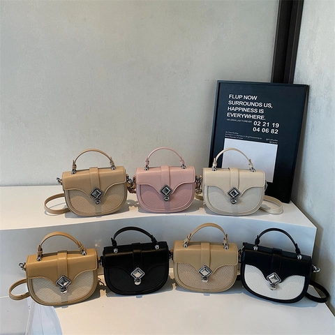 Fashion Women PU Leather Saddle Crossbody Bag Woven Texture Contrast Color Retro Shoulder Bag With Metal Lock Adjustable Strap