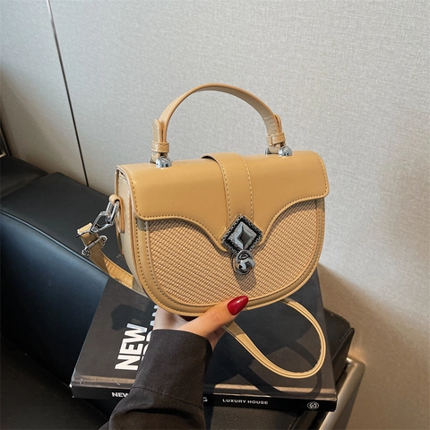 Fashion Women PU Leather Saddle Crossbody Bag Woven Texture Contrast Color Retro Shoulder Bag With Metal Lock Adjustable Strap