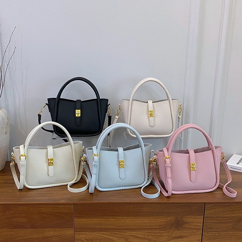 Minimalist Pebbled PU Leather Handbag With Gold Metal Lock Top Handle Shoulder Crossbody Bag For Women Daily Casual Style