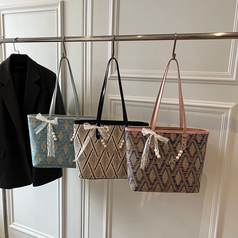 Woven Tote Bag Geometric Diamond Pattern Large Capacity Shoulder Handbag With Lace Bow And Artificial Pearl Charm For Women Summer