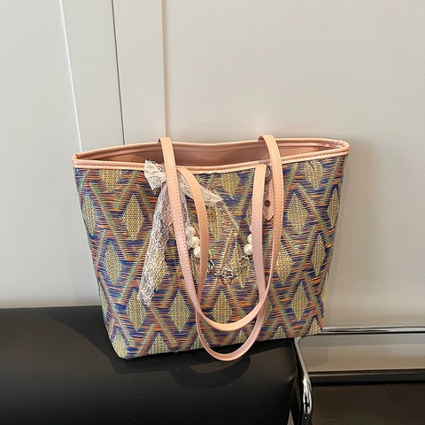 Woven Tote Bag Geometric Diamond Pattern Large Capacity Shoulder Handbag With Lace Bow And Artificial Pearl Charm For Women Summer