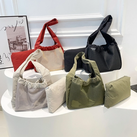 Borsa A Spalla Pieghettata In Tela E Mesh Grande Borsa Tote Da Donna Pendolarismo Casual Con Piccola Pochette