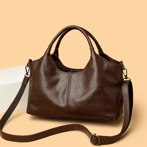 Women Large Capacity PU Leather Handbag Retro Stitched Shoulder Crossbody Bag With Detachable Strap Top Handle