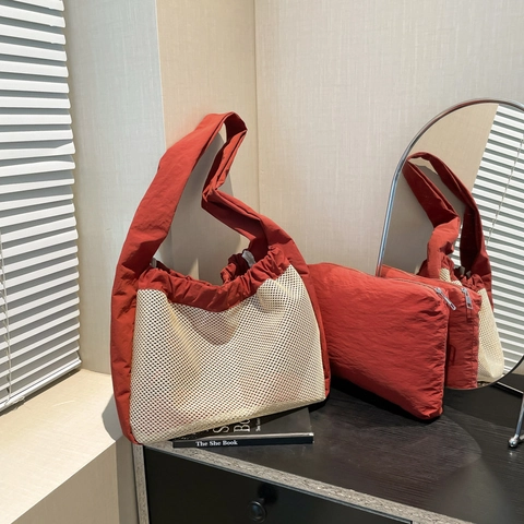 Borsa A Spalla Pieghettata In Tela E Mesh Grande Borsa Tote Da Donna Pendolarismo Casual Con Piccola Pochette