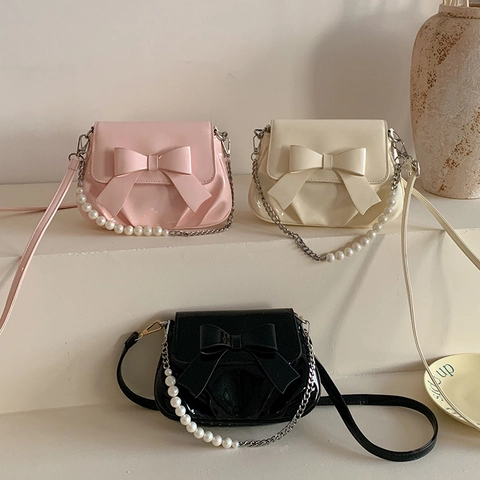 Women Shoulder Crossbody Bag Glossy Patent Leather Large Bow Artificial Pearl Chain Strap Flap Square Sweet Elegant Handbag