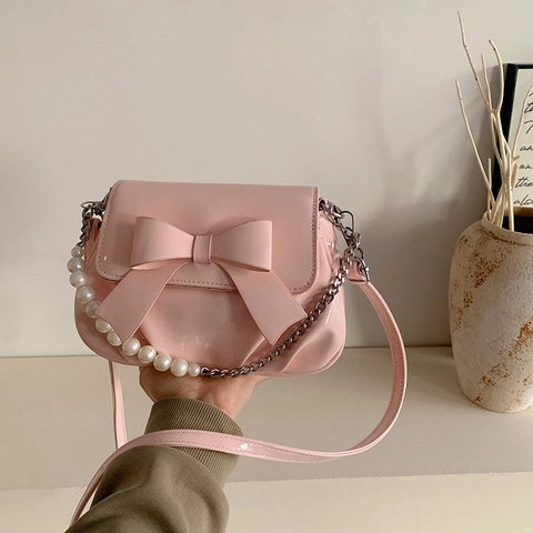Women Shoulder Crossbody Bag Glossy Patent Leather Large Bow Artificial Pearl Chain Strap Flap Square Sweet Elegant Handbag