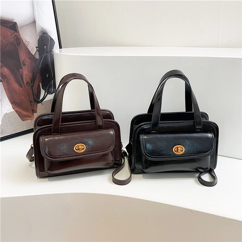 Vintage Glossy PU Leather Handbag For Women Square Tote Crossbody Bag With Gold Turn-lock Closure
