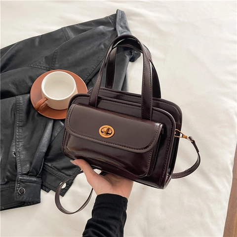 Vintage Glossy PU Leather Handbag For Women Square Tote Crossbody Bag With Gold Turn-lock Closure