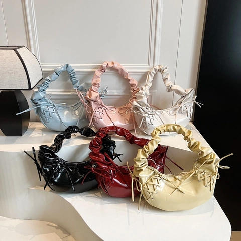 Borsa Hobo Donna Pelle PU Lucida Manico Arricciato Lacci Fiocco Mezzaluna Borsa Sottobraccio