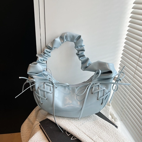 Borsa Hobo Donna Pelle PU Lucida Manico Arricciato Lacci Fiocco Mezzaluna Borsa Sottobraccio