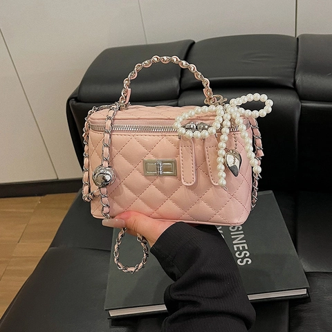 Sac Bandoulière Matelassé En Losange Cuir PU Vanité Avec Nœud Künstliche Perle Pendentif Cœur Chaîne Métallique Pour Femmes