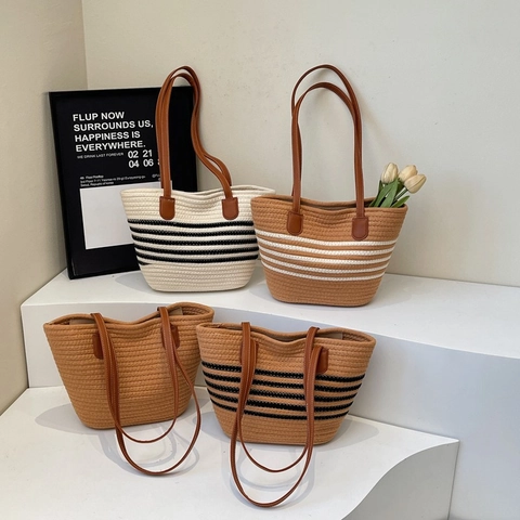 Borsa Tote Intrecciata Da Donna Borsa A Spalla A Righe Estiva Capiente Tempo Libero Vacanze Stile Paglia Corda Di Cotone