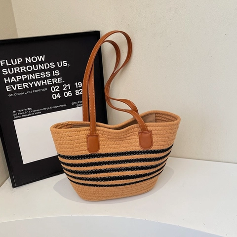 Borsa Tote Intrecciata Da Donna Borsa A Spalla A Righe Estiva Capiente Tempo Libero Vacanze Stile Paglia Corda Di Cotone