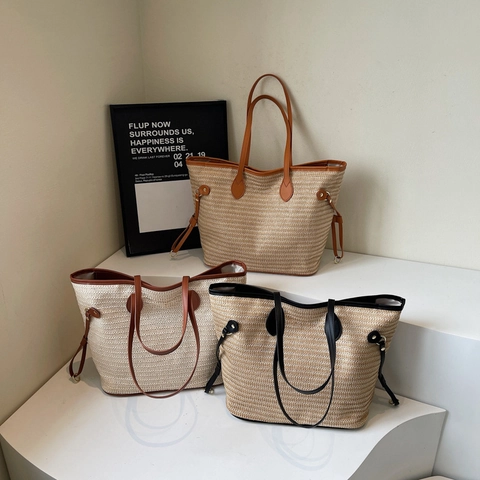 Stroh Gewebte Tragetasche Große Kapazität Minimalistisch Sommer Strand Schulter Handtasche Mit PU Lederbesatz Für Damen
