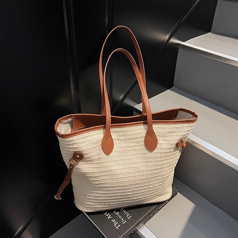 Stroh Gewebte Tragetasche Große Kapazität Minimalistisch Sommer Strand Schulter Handtasche Mit PU Lederbesatz Für Damen