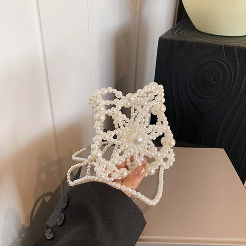 Handmade Artificial Pearl Evening Bag Woven Imitation Artificial Pearls Hollow Out Floral Crossbody Shoulder Mini Purse Elegant Party For Women