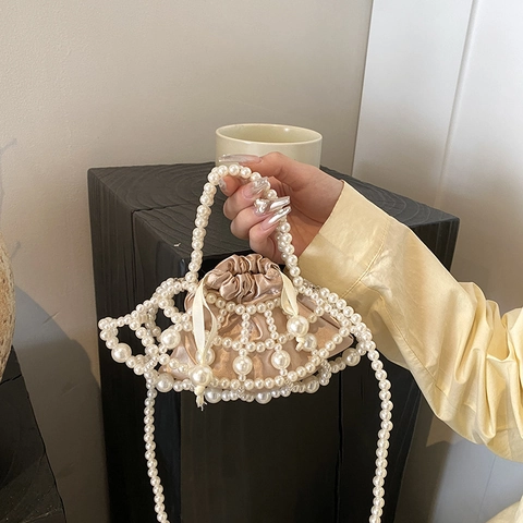 Artificial Pearl Gewebte Handtasche Damen Hohlraum Umhängetasche Mit Satin Kordelzug Beutel Abendparty Clutch Eleganter Stil