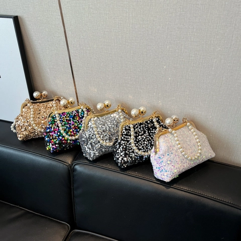 Pochette Da Sera Con Paillettes Manico Di Künstliche Perle E Tracolla A Catena Vintage Elegante Borsa Da Matrimonio