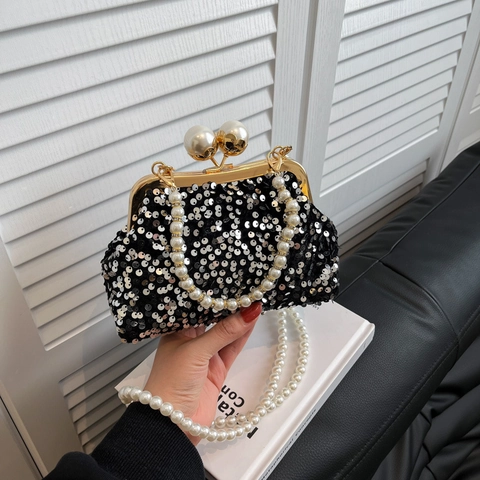 Pochette Da Sera Con Paillettes Manico Di Künstliche Perle E Tracolla A Catena Vintage Elegante Borsa Da Matrimonio