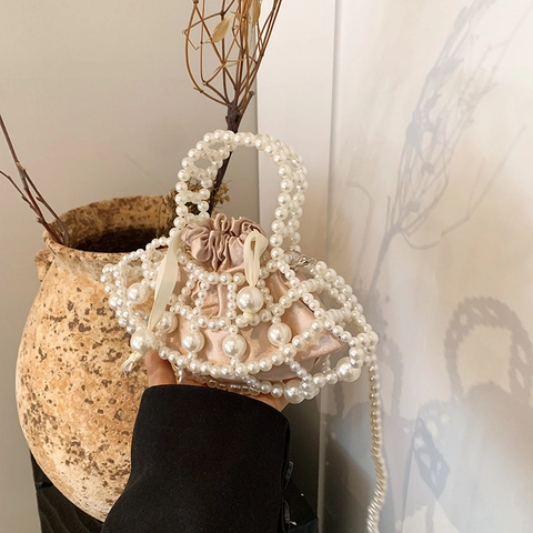 Artificial Pearl Gewebte Handtasche Damen Hohlraum Umhängetasche Mit Satin Kordelzug Beutel Abendparty Clutch Eleganter Stil
